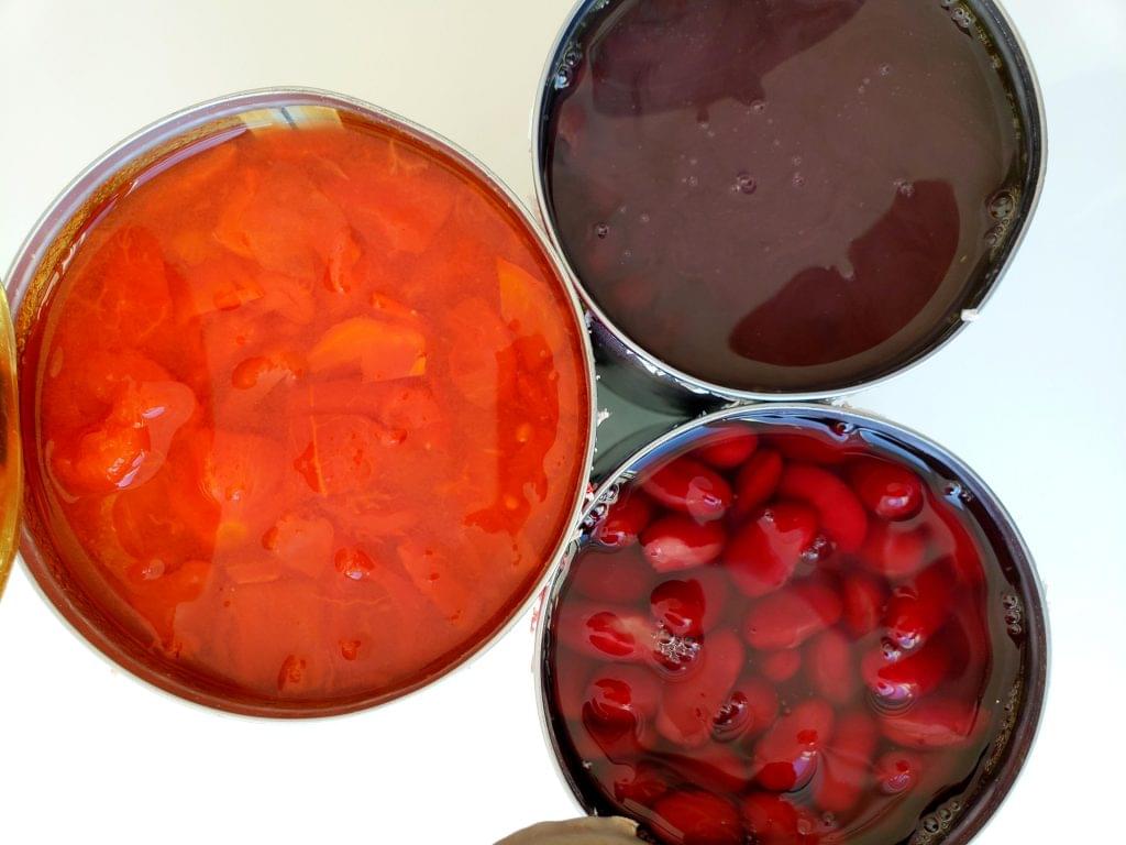 Can of black beans, kidney beans, and crushed tomatoes