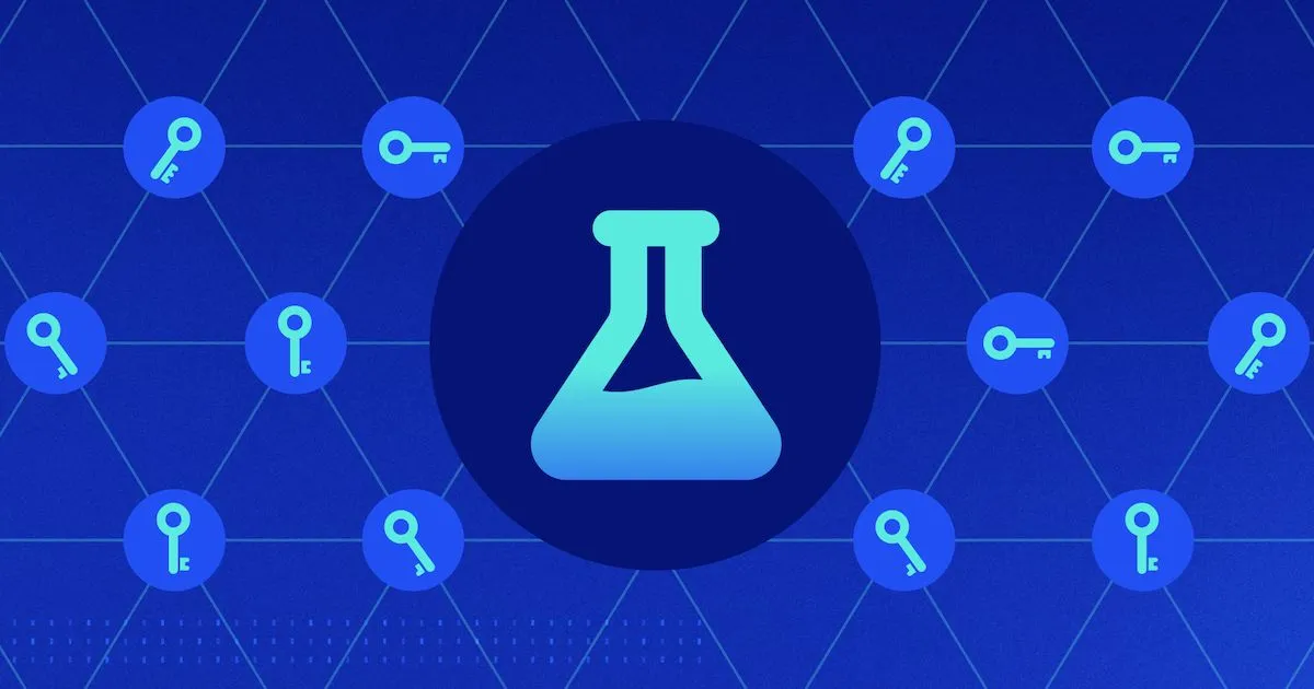 An illustration with a Labs icon shaped like a beaker, superimposed on a network of keys