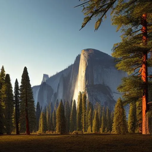 A beautiful landscape photograph of Yosemite mountain scenery, sunny, warm