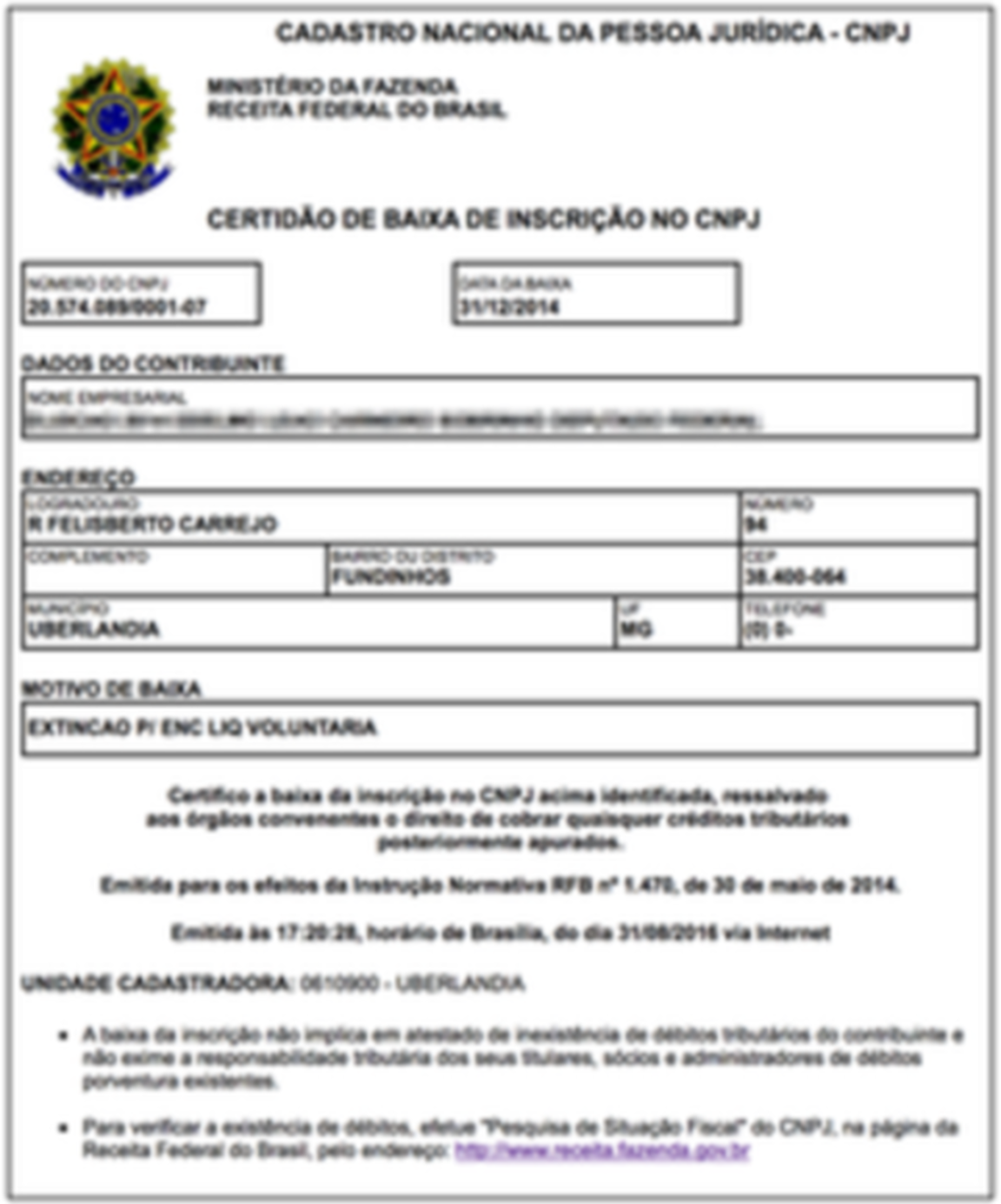 Certidão de Baixa