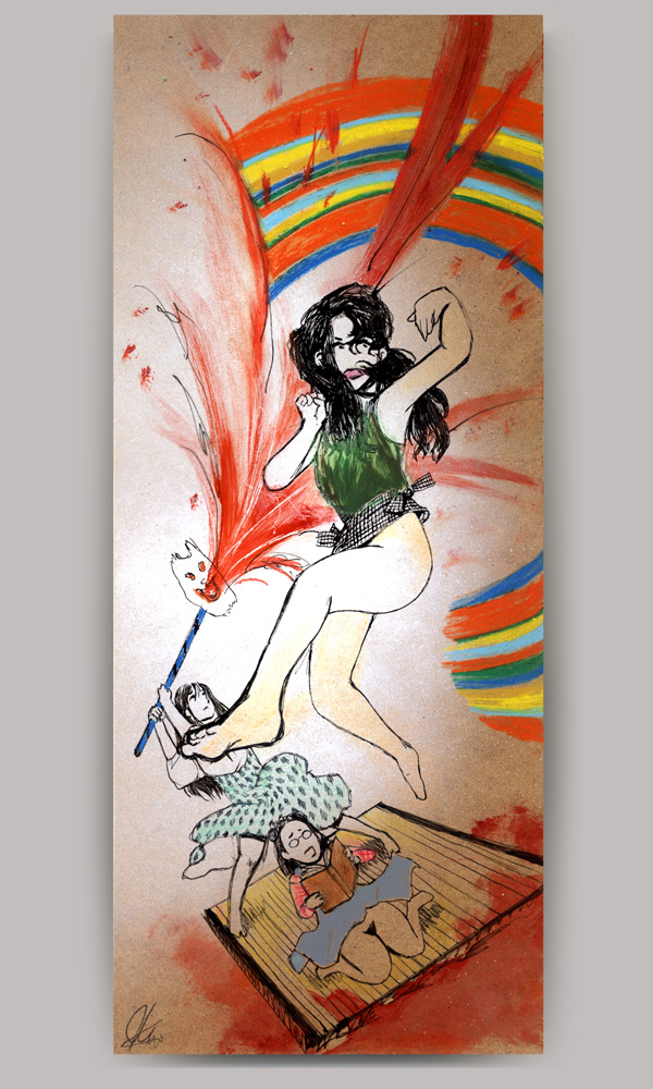 An acrylic painting on wood panel, titled 'House - Part 3', showing a girl doing kung-fu poses in a rainbow halo, as two other girls cower behind her on a tatami raft floating in blood. One of the girls is holding a roman candle with a cat mask at the tip spewing blood from its mouth.