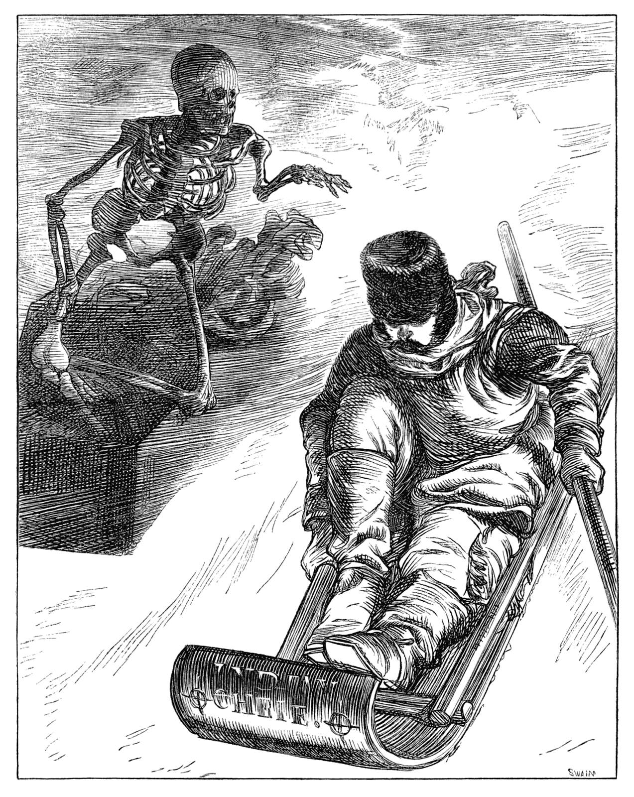 A skeleton pursues a man on a bobsled