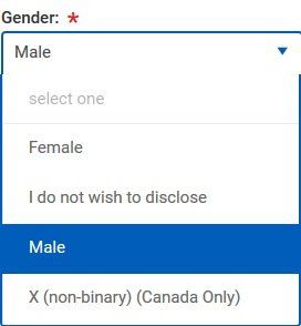 A screenshot of a website form field with the prompt "Gender". The options are "Female", "I do not wish to disclose", "Male", and "X (non-binary) (Canada Only)".