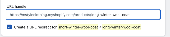 Create a URL redirect for a product, automatically suggested by Shopify