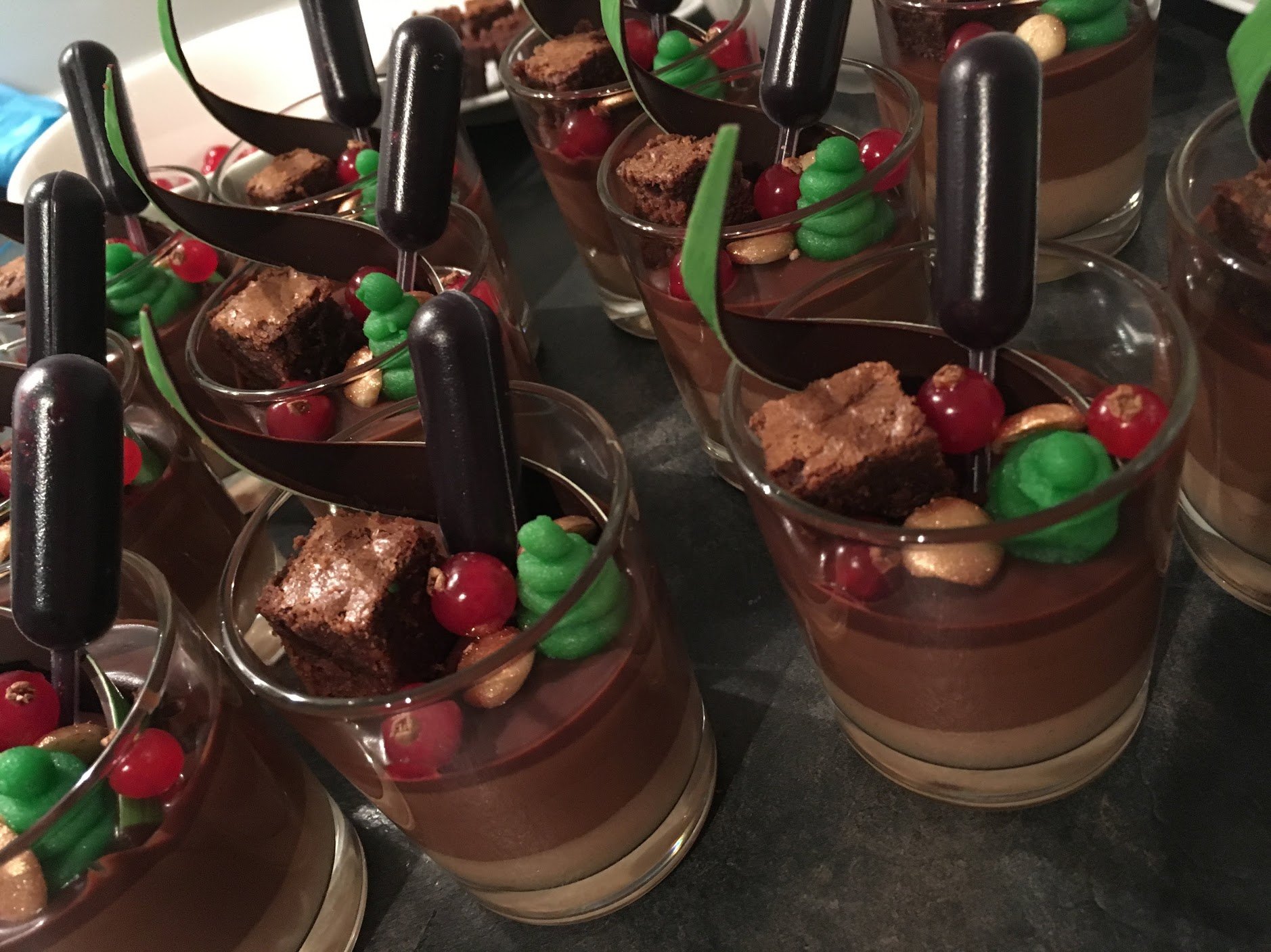The chocolate mousse in this recipe formed the base of these chocolate verrines. The dark chocolate mousse was paired with a milk and a caramel mousse.