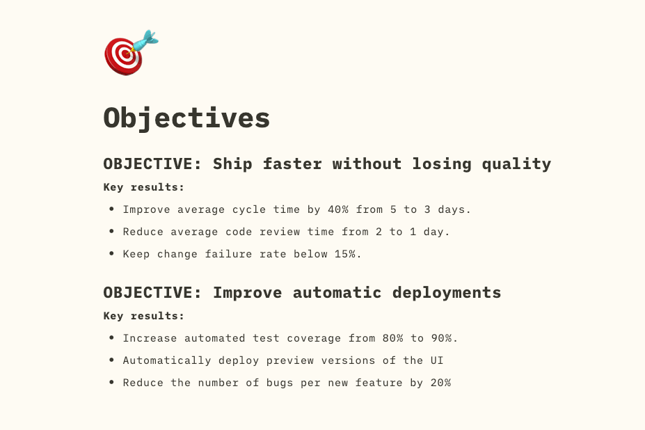 Example of two engineering team objectives and related key results