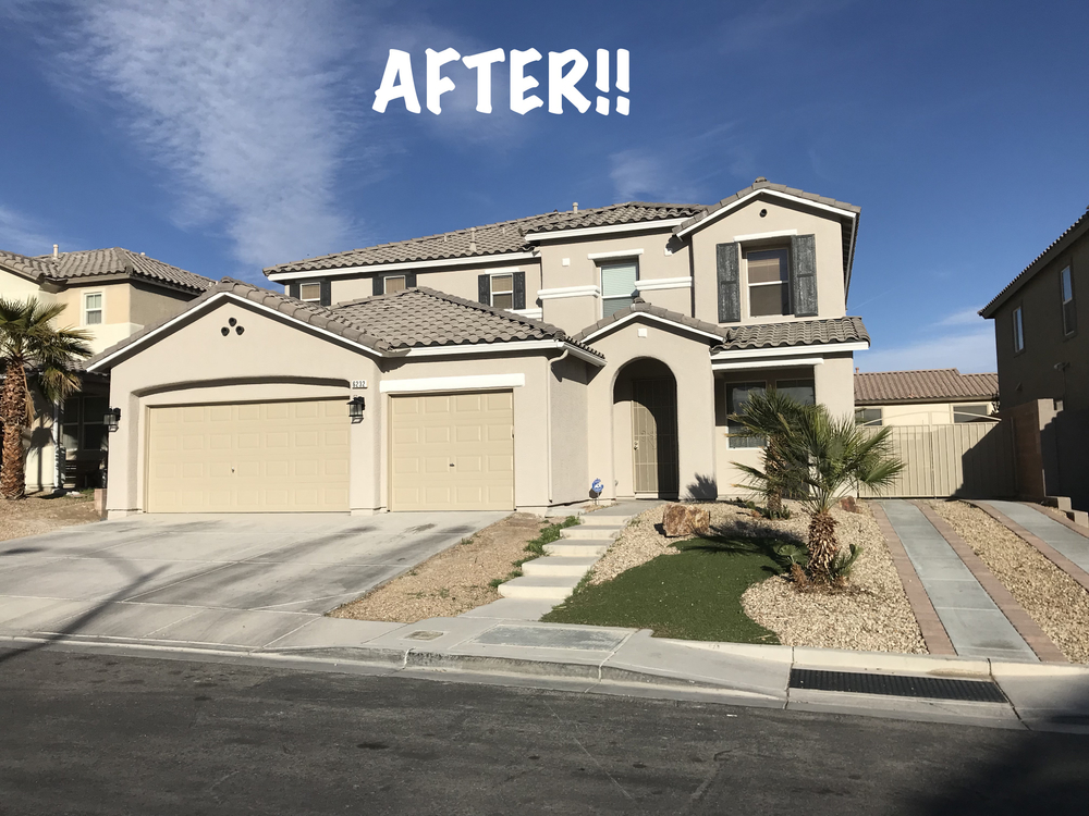 enlarged photo of light brown stucco home with new exterior paint
