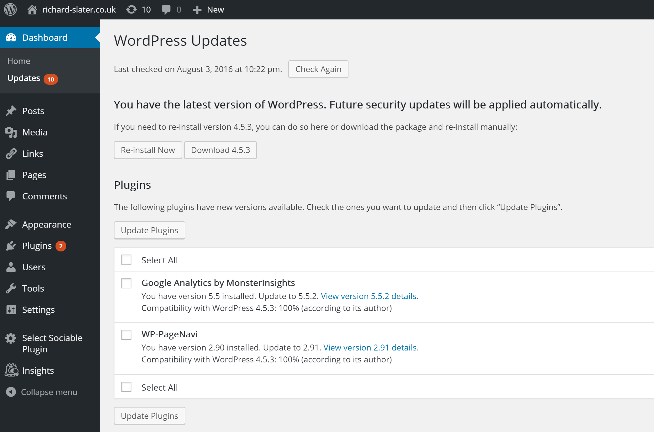 WordPress Updates Screen