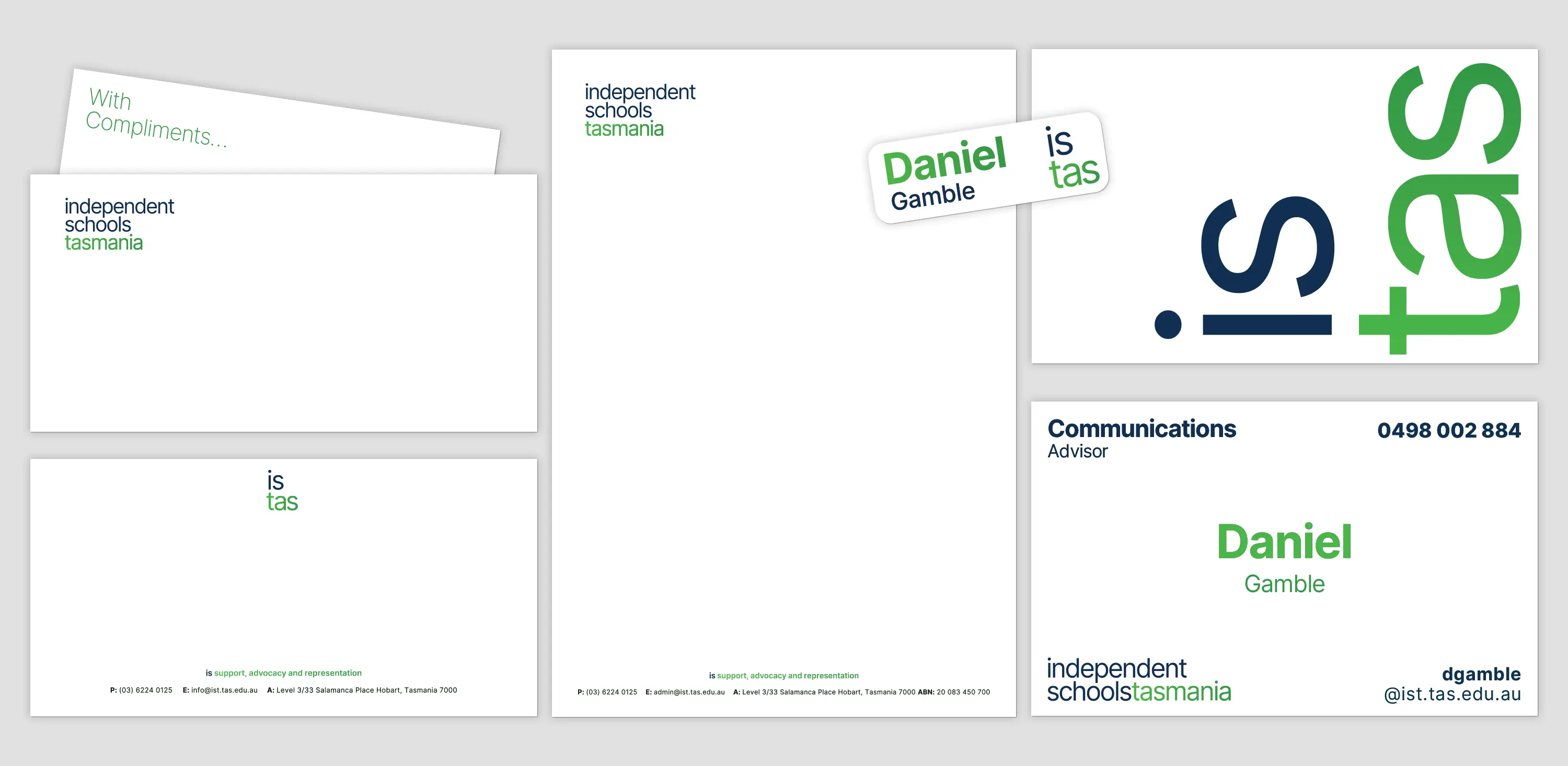 Independent Schools Tasmania collateral design - envelope, compliments slip, letterhead, badge and business card