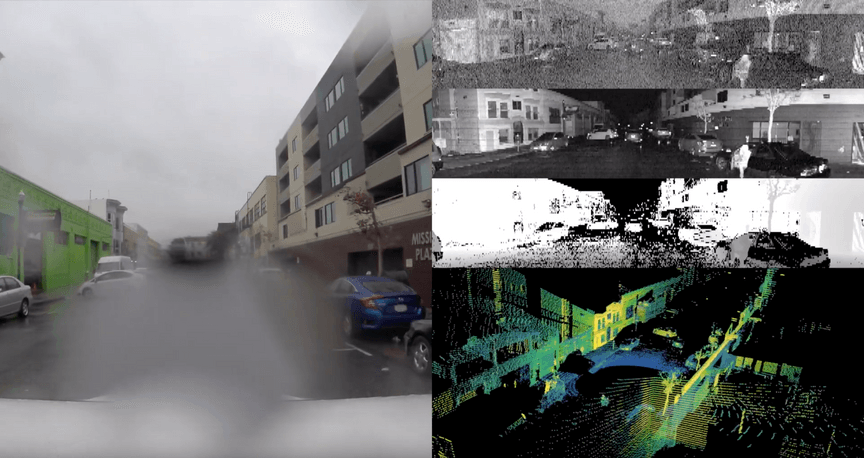 The camera and lidar data are side-by-side here. You can see the lidar sensor ambient (sunlight), intensity, and range images on the top right.