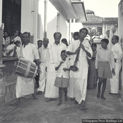 Indian wedding procession at a Hindu temple, 1962