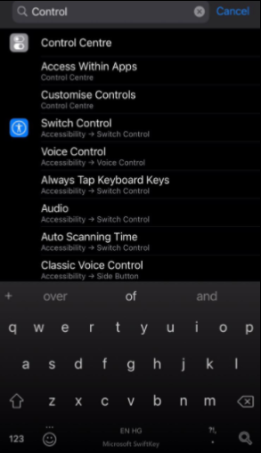 Searching Control Centre in Settings
