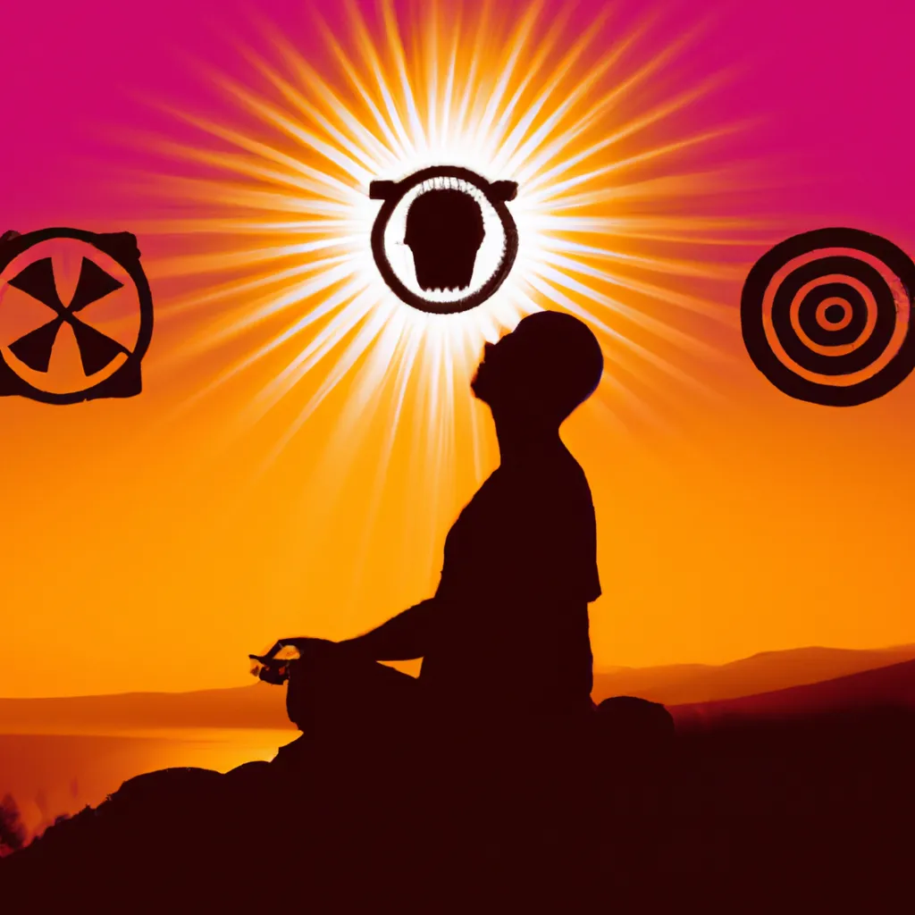 An image of a person meditating in front of a sunrise or sunset, with different symbols representing different philosophical traditions surrounding them.