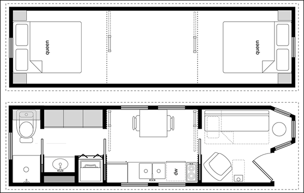 An example floor plan from CAD Pro showing two queen size beds upstairs, along with a living area downstairs which could - optionally - contain a pull out couch. An example floor plan from CAD Pro showing two queen size beds upstairs, along with a living area downstairs which could - optionally - contain a pull out couch.
