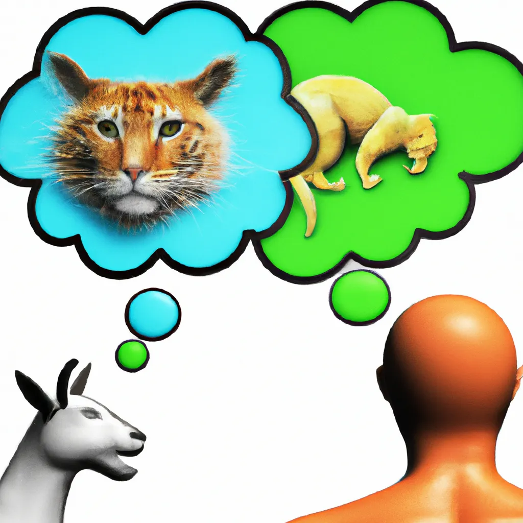An image of a human and an animal looking at each other, with thought bubbles above their heads depicting different types of consciousness.