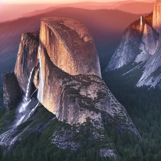 A dramatic National Geographic photograph, helicopter view of Yosemite mountain scenery full of trees, forest, photorealistic, warm, summer