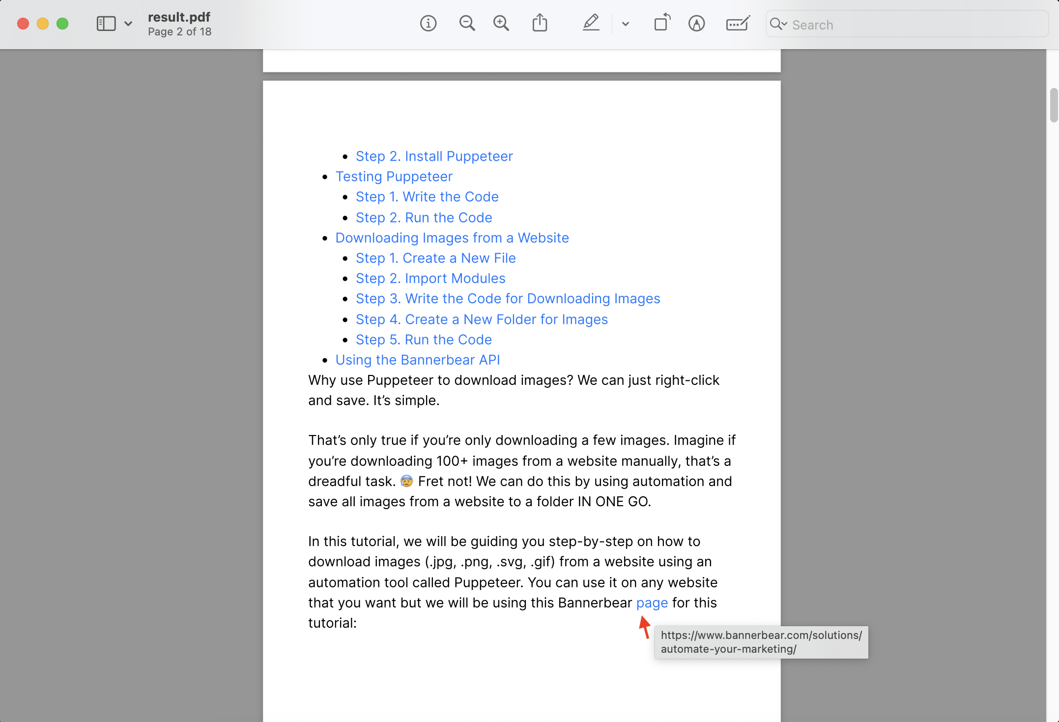 screenshot of the PDF with the mouse hovering over a link
