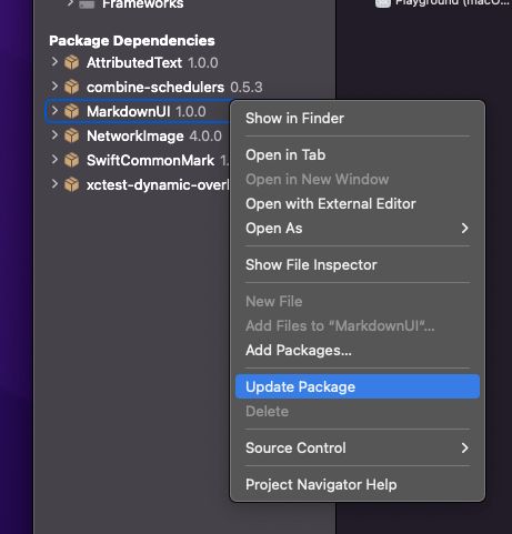 Right-click options for package dependency in Xcode