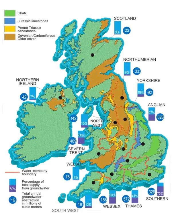 Map of the UK indicating groundwater locations