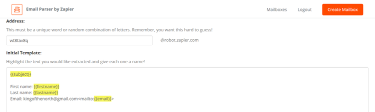 Example of a template in Zapier email parser