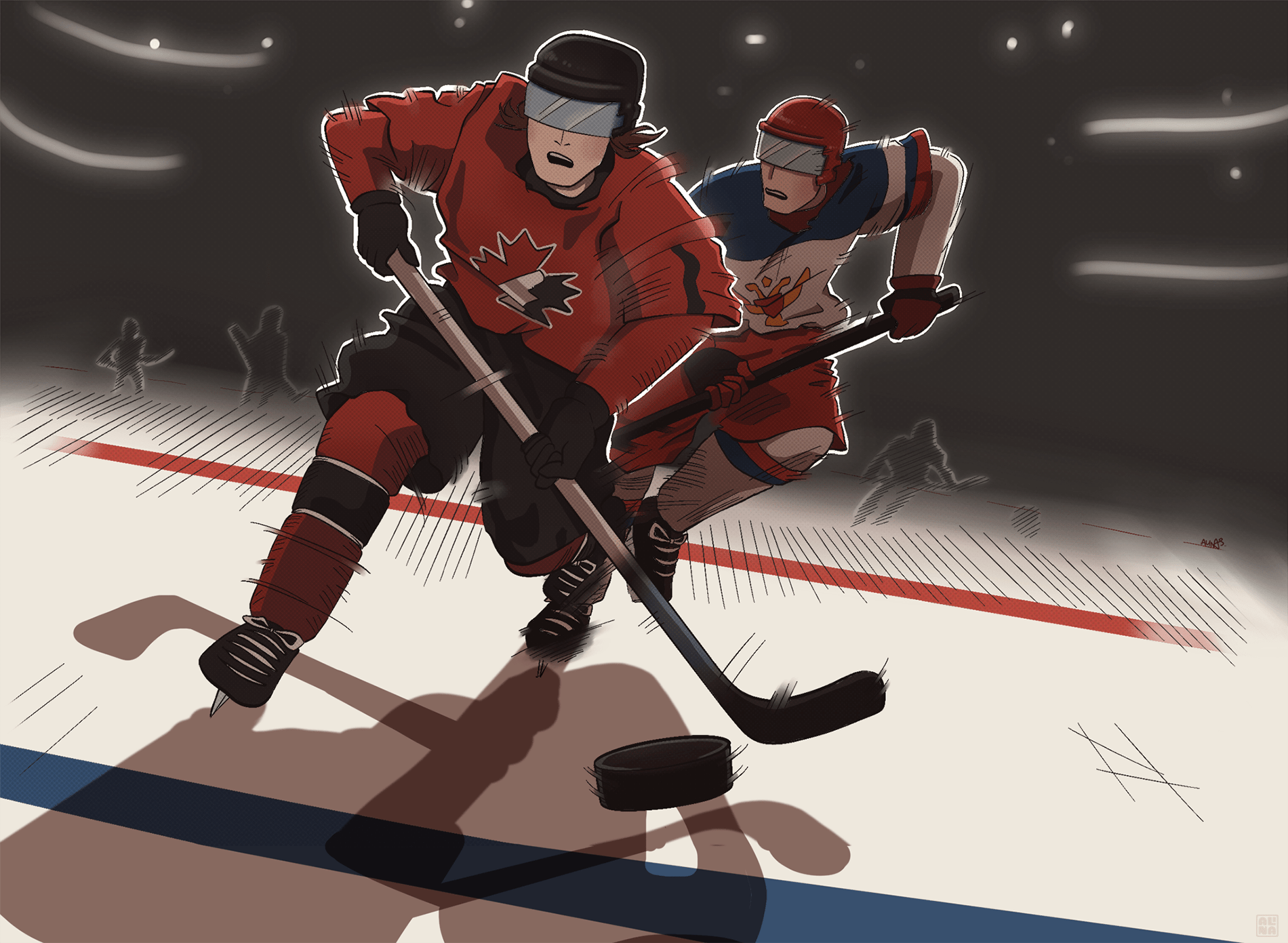 Motion illustration of a Canadian hockey player by passing a Swedish hockey player for control of the puck during the Olympics.