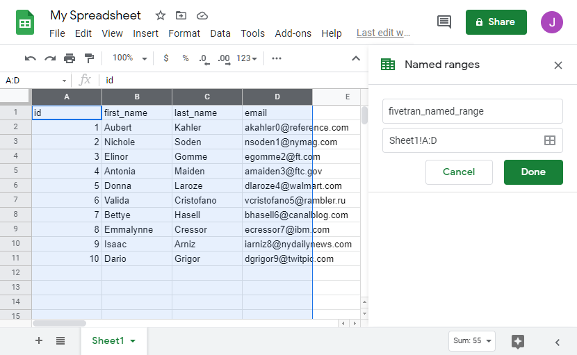 Creating a named range in Google Sheets to sync via the Fivetran Google Sheets Connector