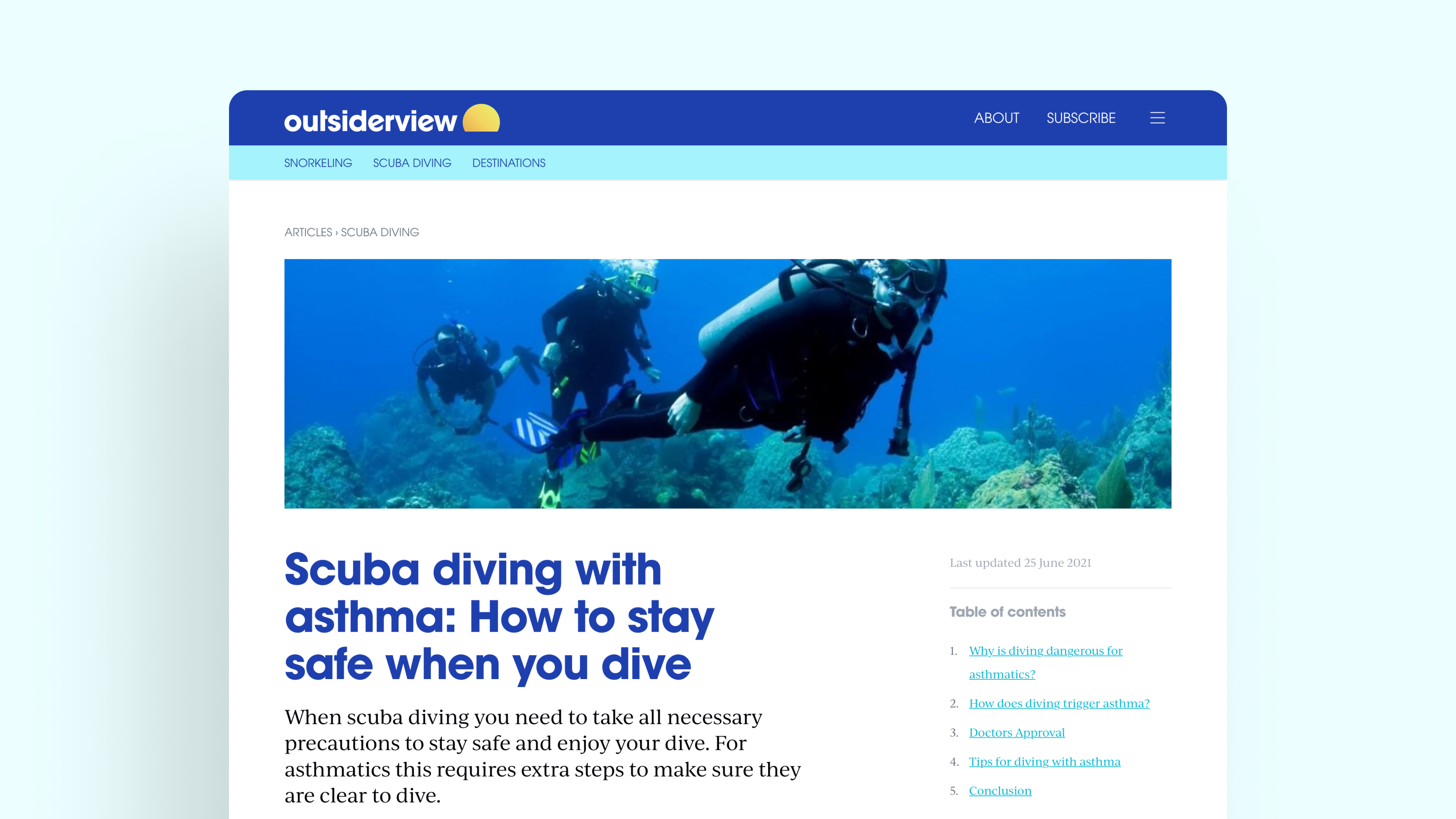Screenshot of the above-the-fold section of a blog post titled, “Scuba diving with asthma - How to stay safe when you dive.”