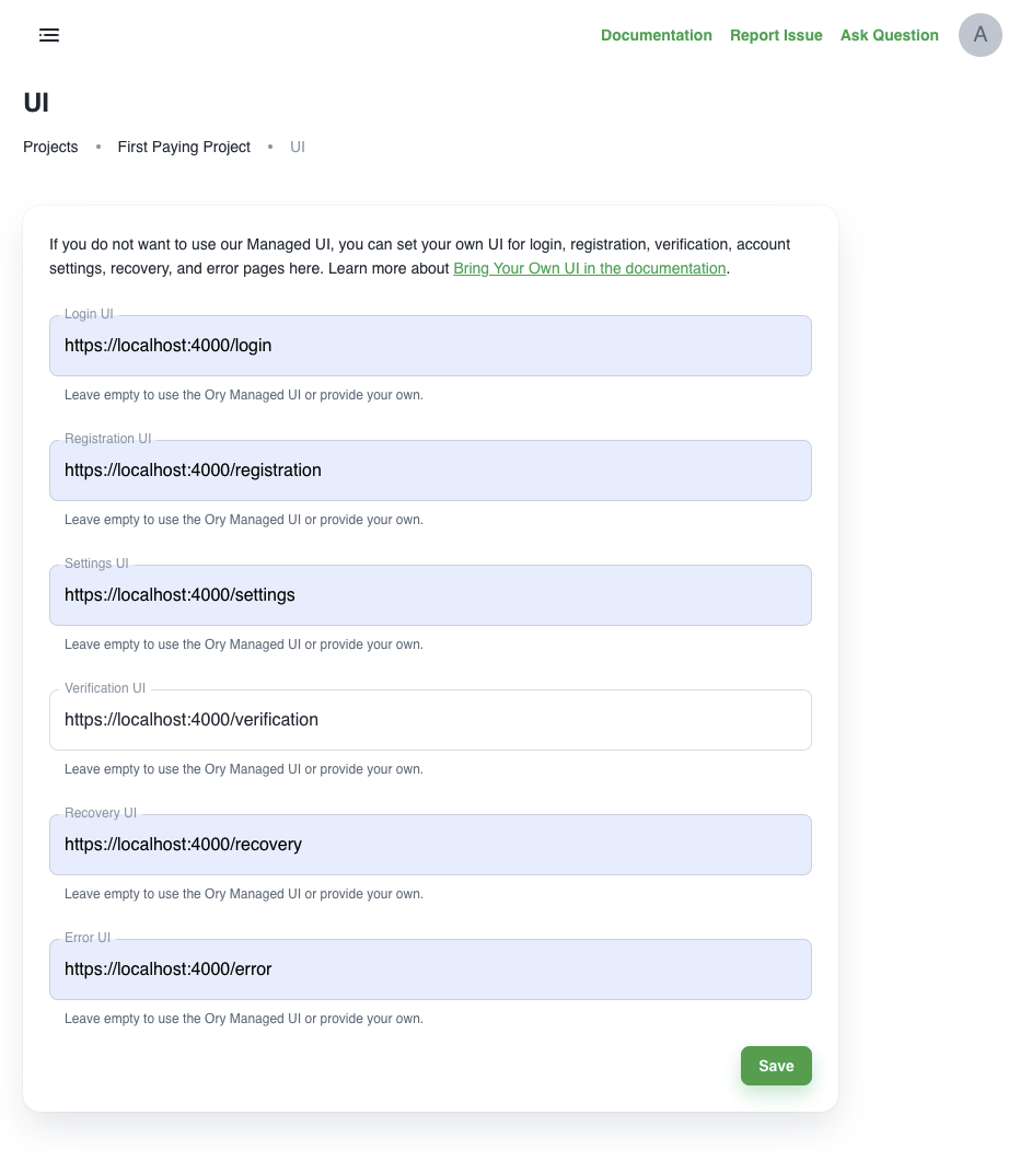 Ory Cloud Project User Interface Configuration