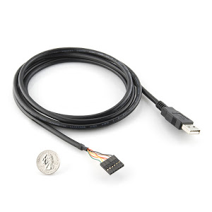 Black cable with a USB Type A connector on one end and a 0.1 inch 1 by 6 connector on the other end