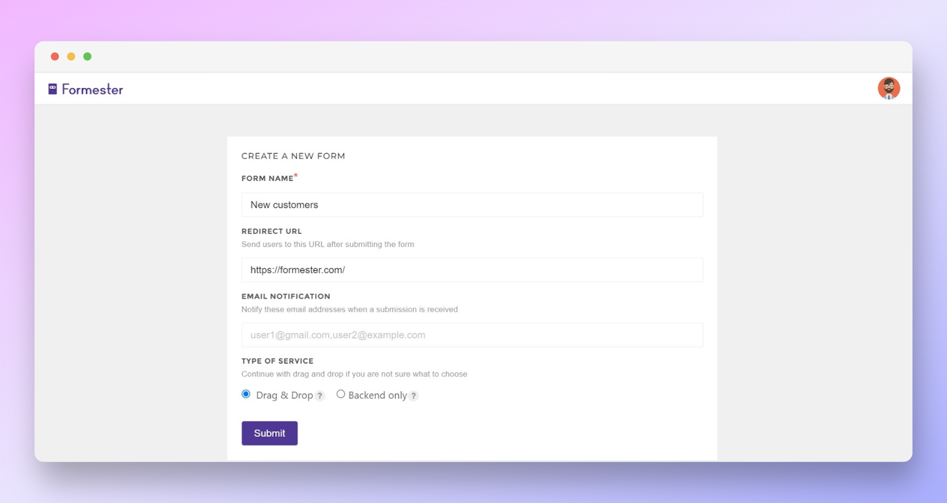 Form accepting details like form name, redirection url for creating your new form