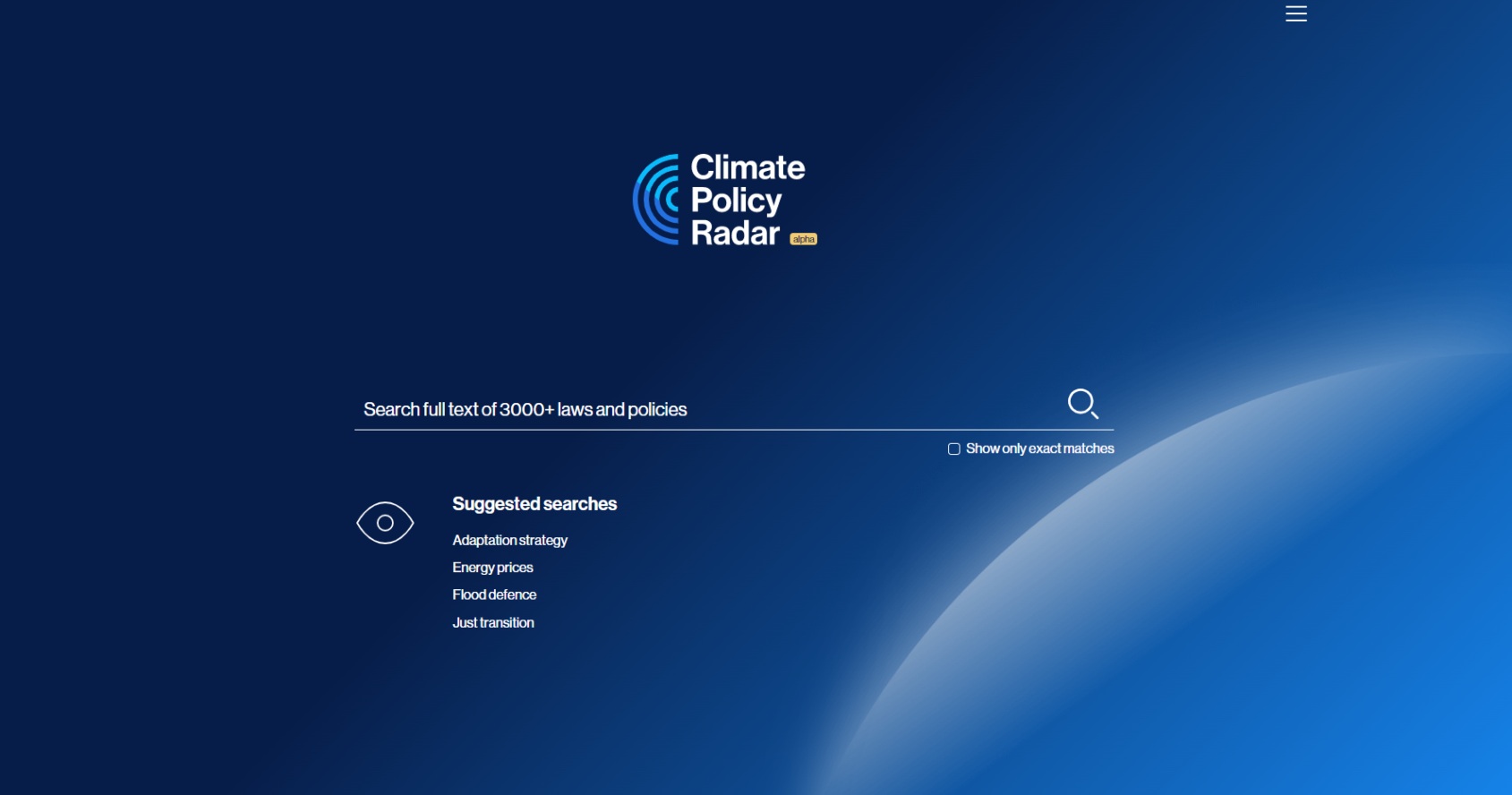 A screenshot of the Climate Policy Radar search platform