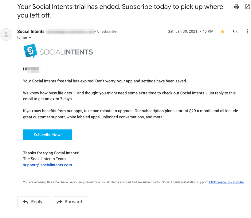 Upgrade Email: Screenshot of upgrade notification email from Social Intents