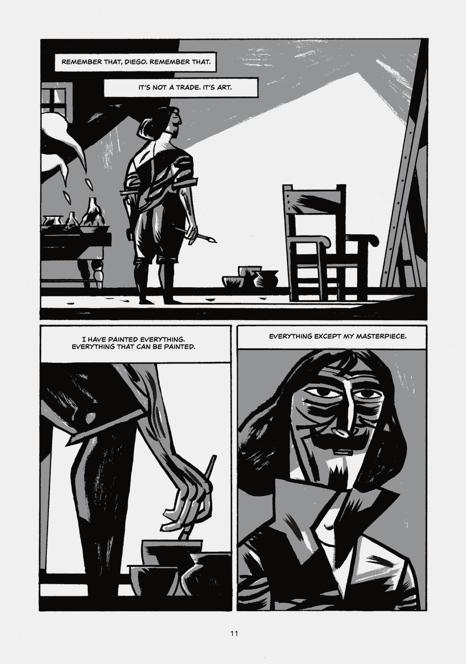 a panel from the graphic novel showing the artist talking about his art, drawn in black, white, and gray