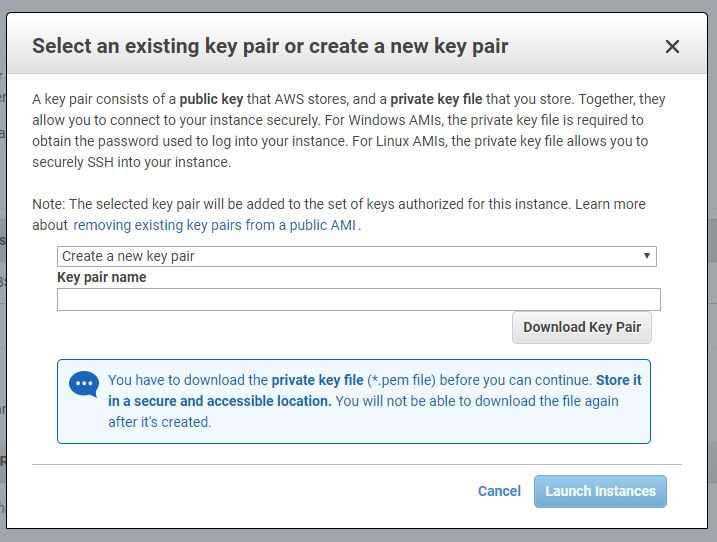 Select a key pair to access the instance