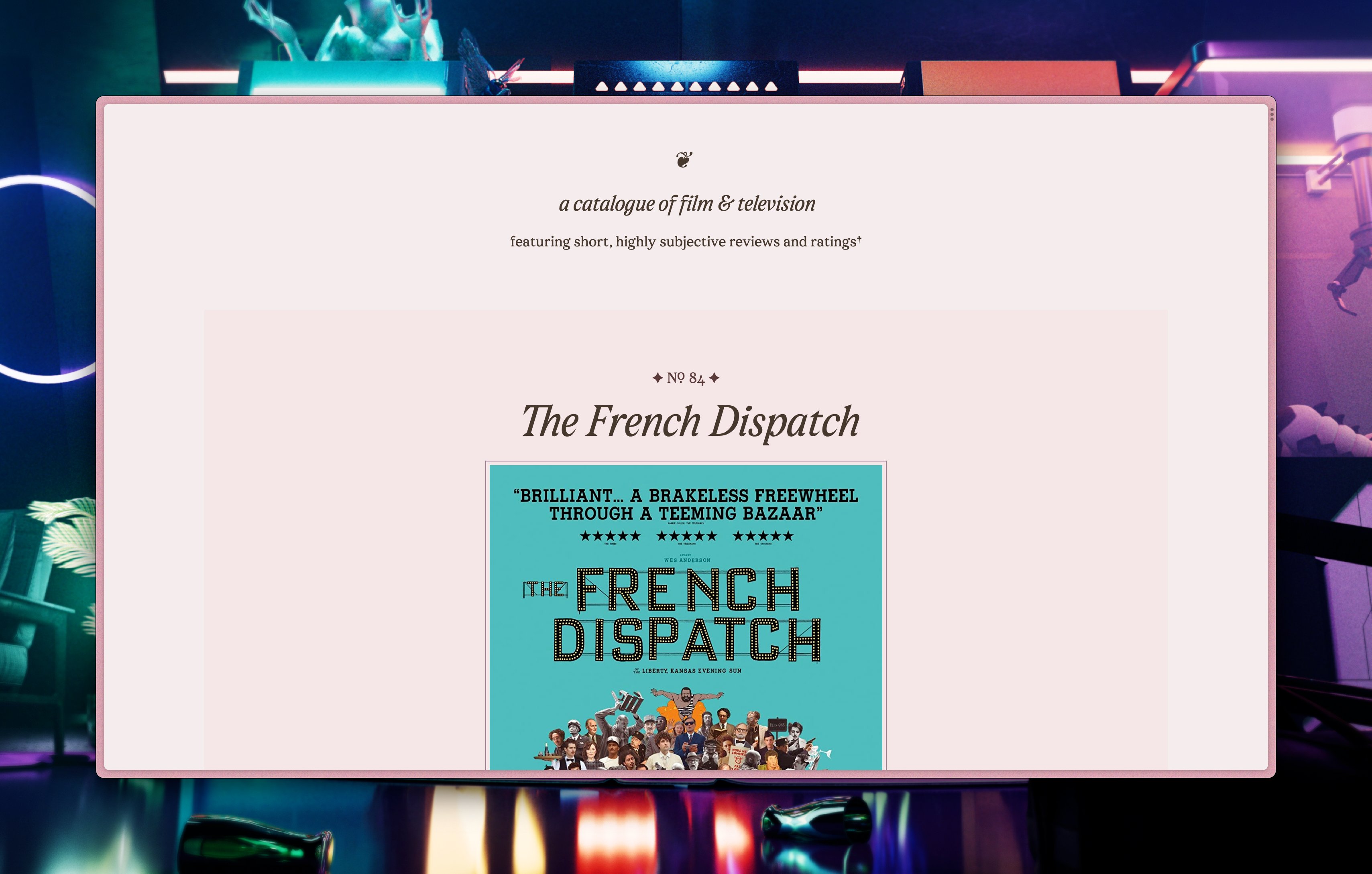 Work in progress screenshot of my movie tracker, showing an elegant serif font and the movie The French Dispatch