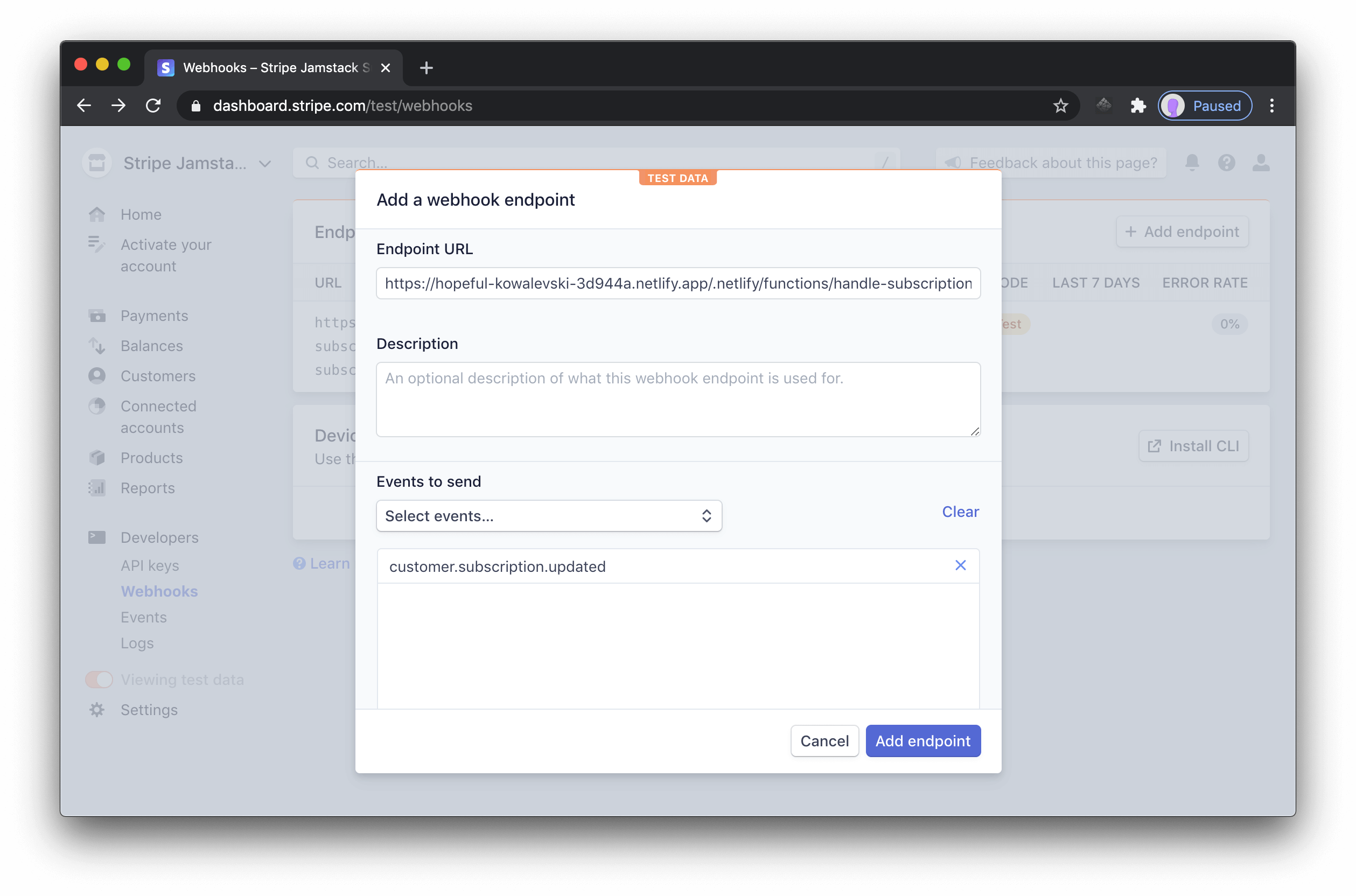 The webhook creation dialog in the Stripe dashboard.