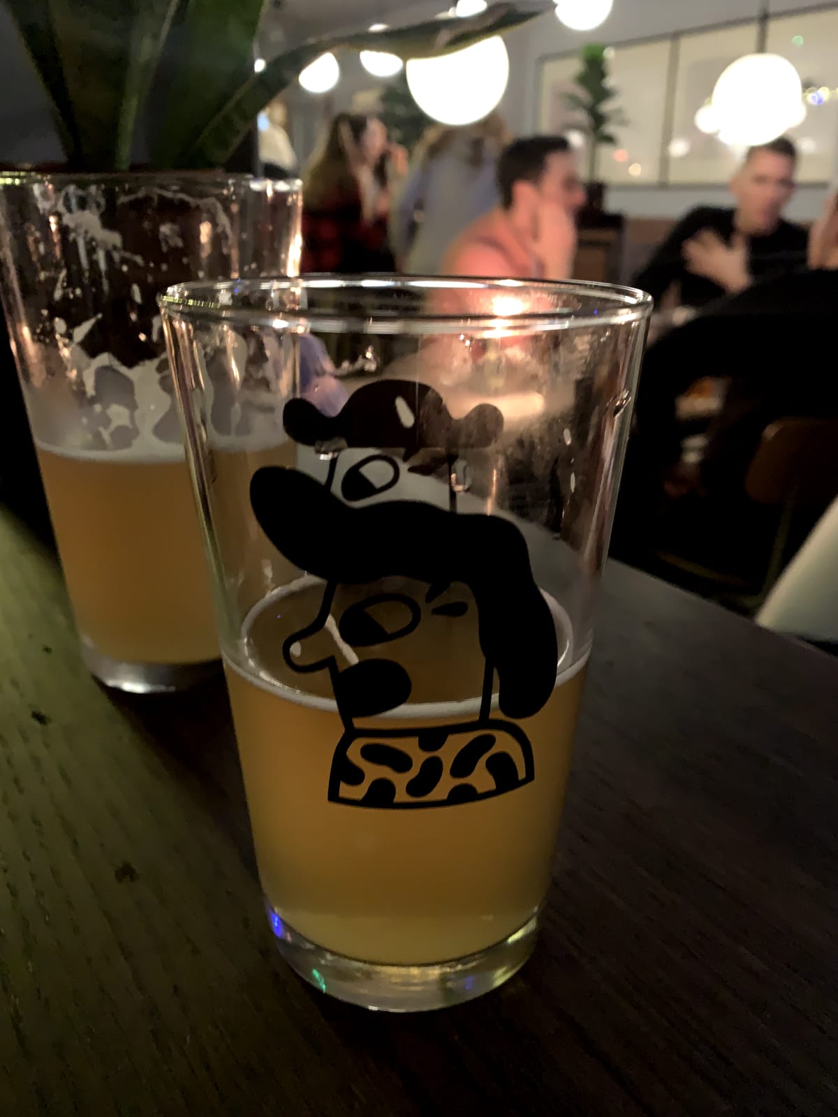 Two beers in pint glasses with Mikkeller branded illustrations with a plant and people at a table in the background