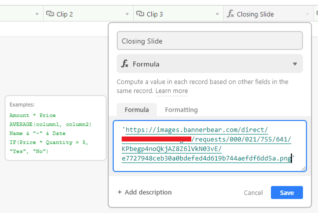 Screenshot of Airtable field formula with image URL inserted between quotation marks