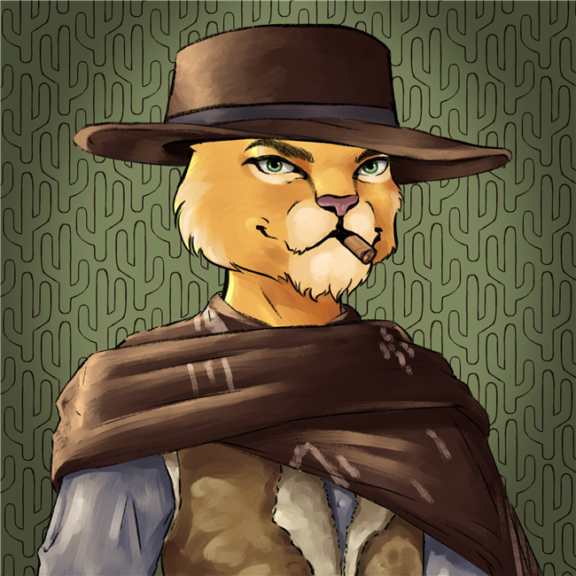 An NFT image of a male cougar with tawny colored fur dressed like an iconic gunslinger with old west hat and cigar accessory.
