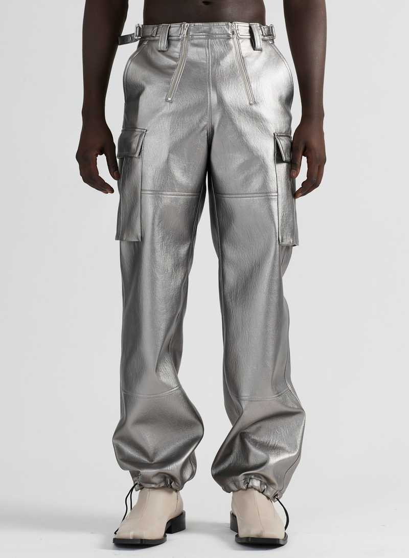 Bekir Trousers Pleather Silver, front view. GmbH AW22 collection.