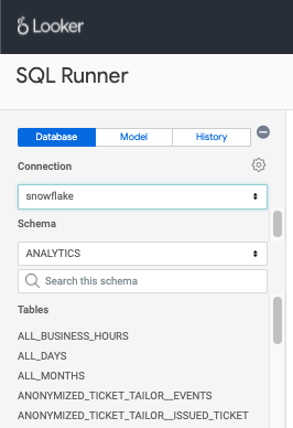 A screenshot of the the SQL Runner menu within Looker showcasing the dropdown list of all data models present in the database.