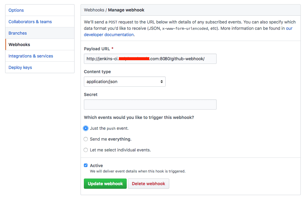 Adding a webhook to our Jenkins on GitHub