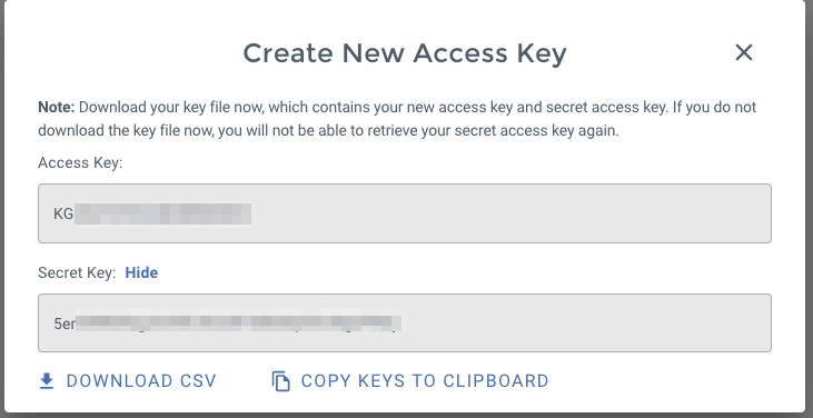 Wasabi Access Key creation confirmation, with Access Key and Secret Key