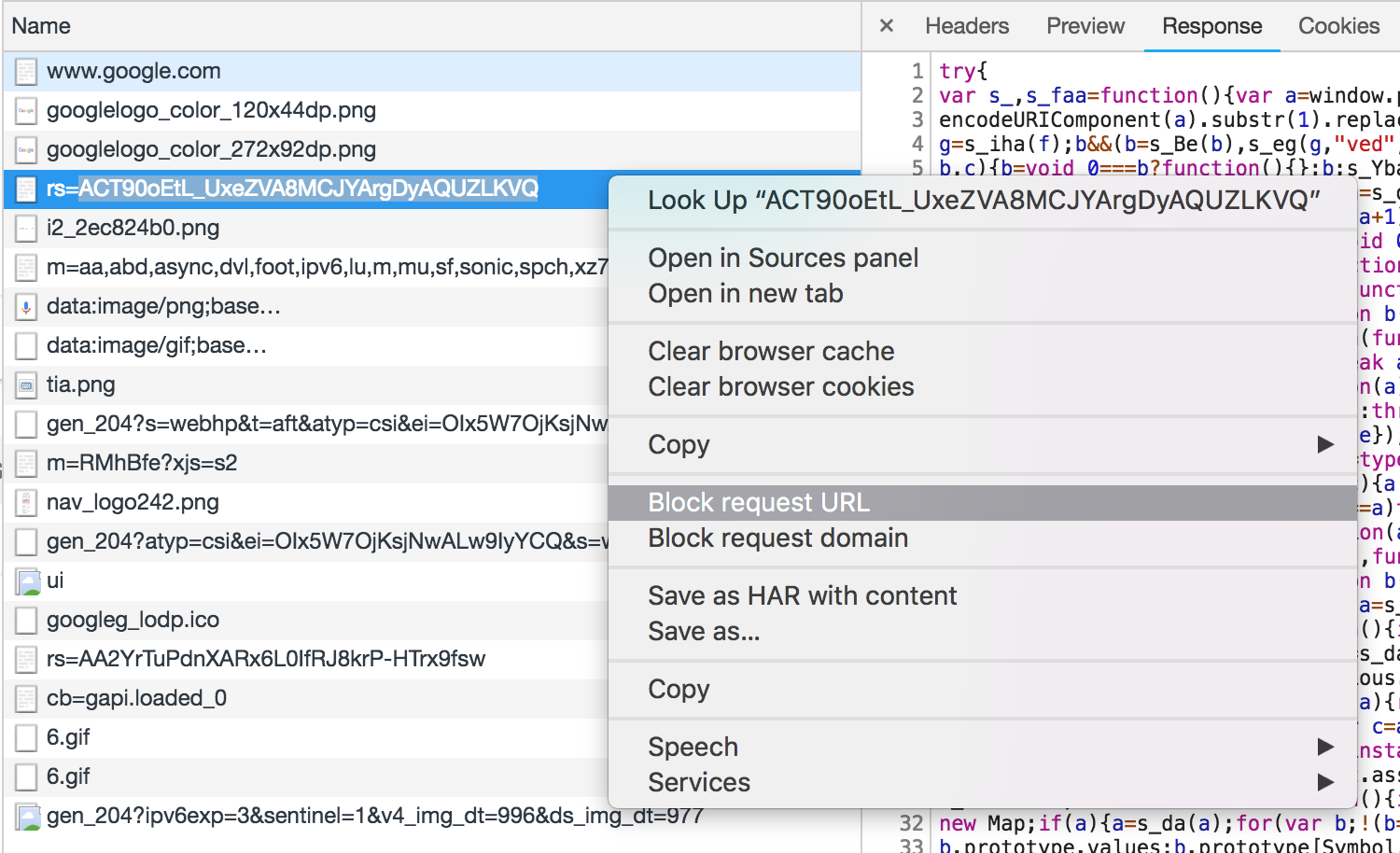 Block resource in Chrome development tools