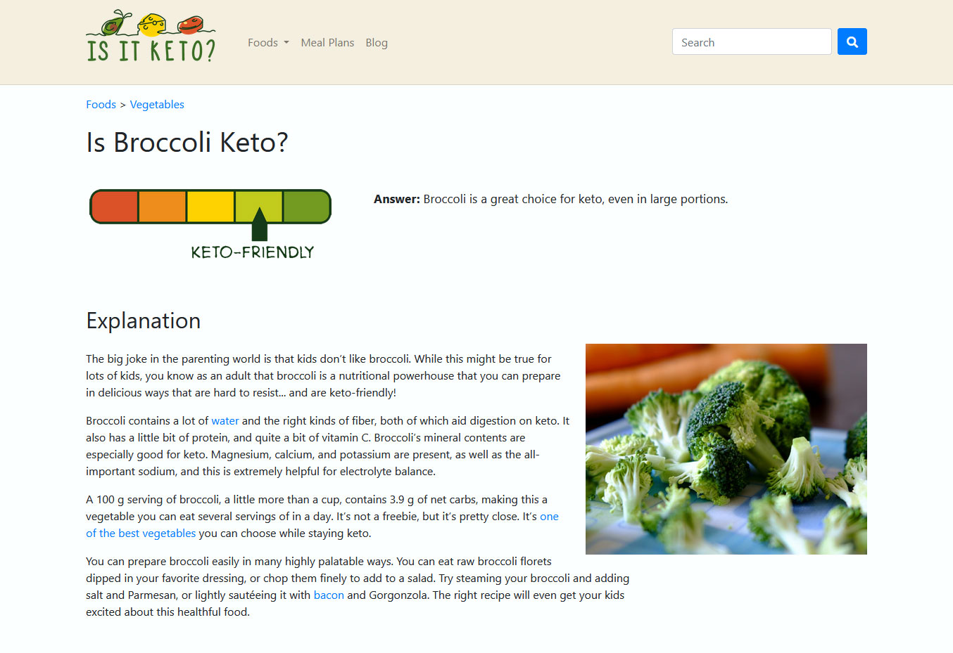 Screenshot of Is It Keto broccoli article