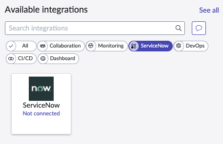 ServiceNow integration card on the Integrations page.