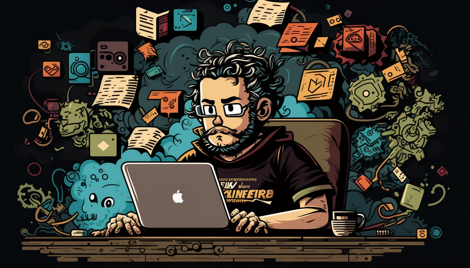 A cartoon developer sitting at a desk with a laptop, surrounded by various HTML, CSS, and JavaScript elements floating in the air around them.