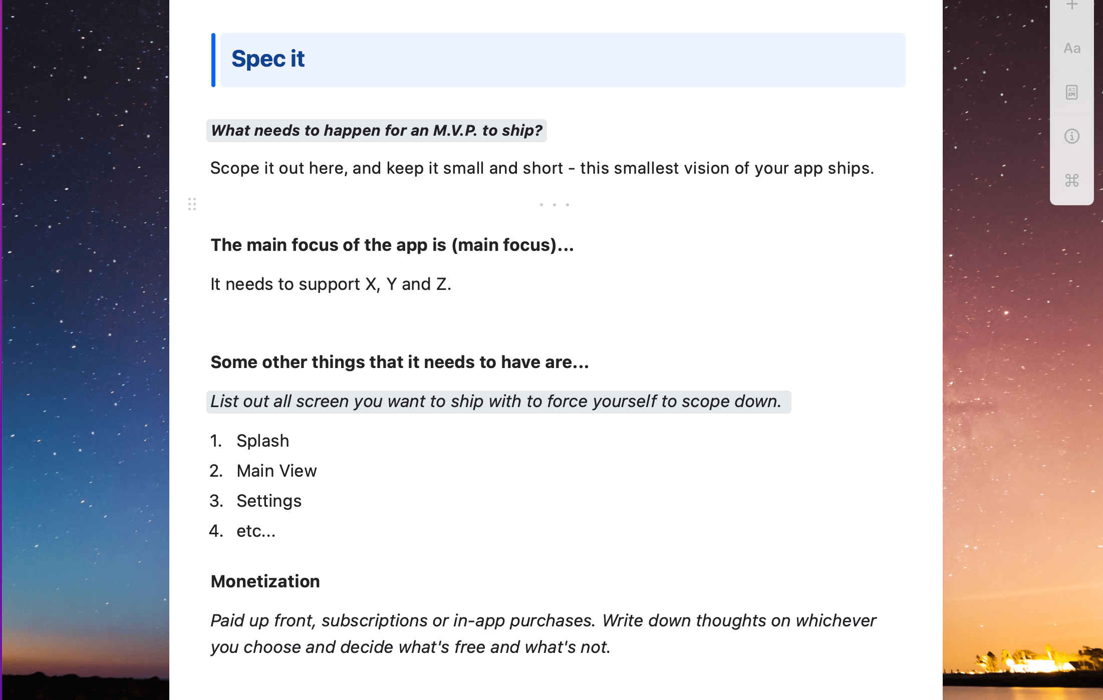 Craft Docs template showing a guide to specifying an MVP for iOS apps.