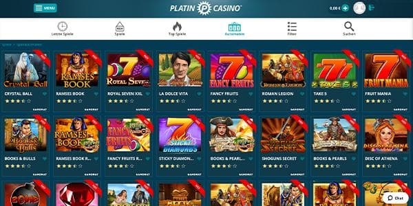 Platin Online Casino Testbericht Spielauswahl Screenshot