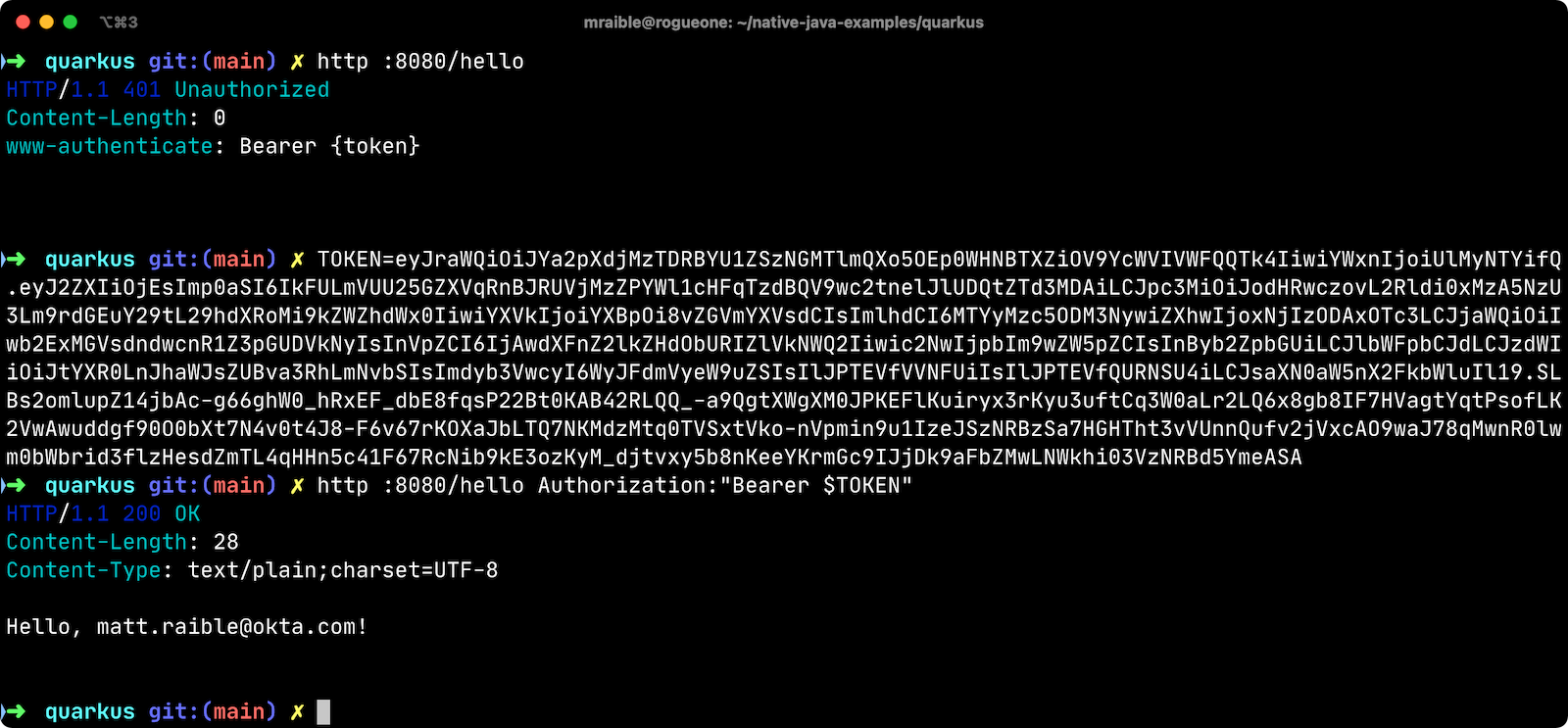 HTTPie call to Quarkus’s /hello with bearer token